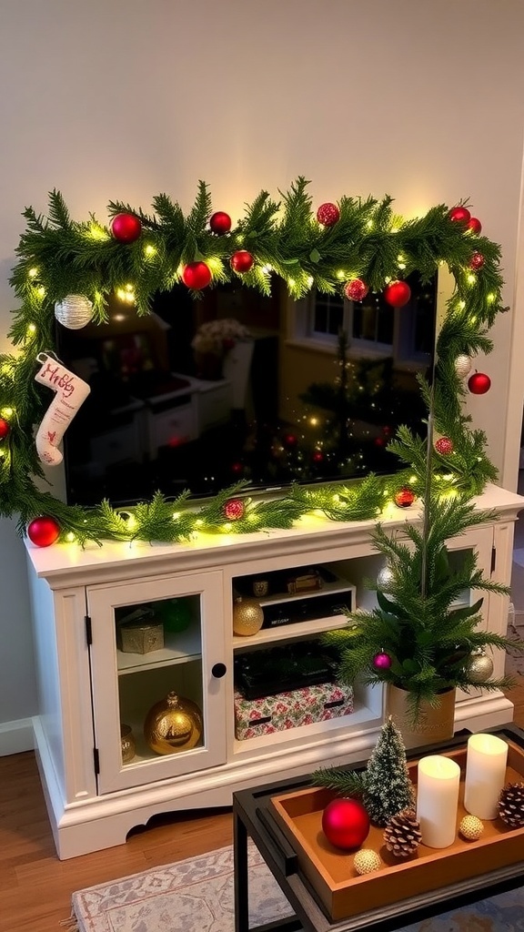 Christmas Decor Ideas for Your TV Stand A festive TV stand decorated for Christmas with garland, ornaments, lights, and a small tree.